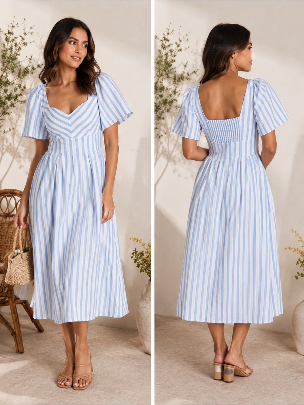 A New Day Blue White Striped Puff Sleeve Midi Dress Size 10 Coastal Cottagecore